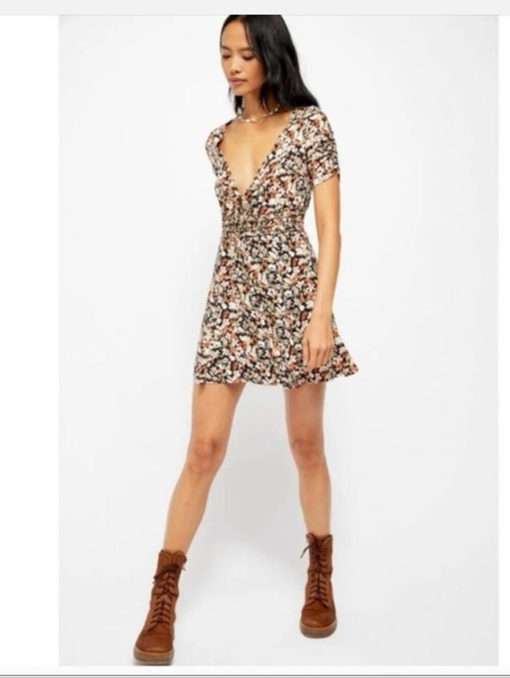 Free People Floral V-Neck Short Sleeve Women's Dress